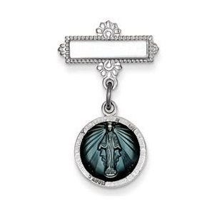 Sterling Silver Miraculous Medal Baptismal Brooch with Aqua Enamel