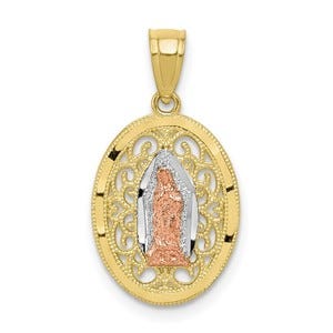 10K Tri-Color Gold Our Lady Of Guadalupe Milgrain Oval Cut-out Religious Medal