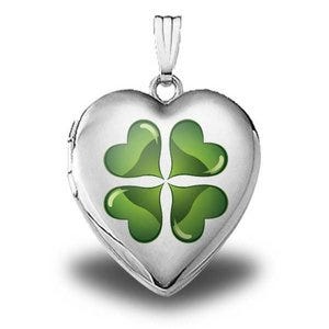 Sterling Silver  "Green Four Leaf Clover"  Heart Locket