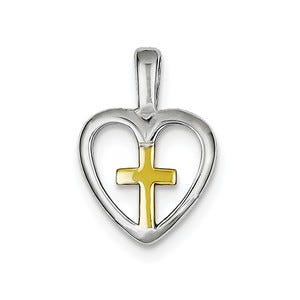 Sterling Silver Rhodium-platedVermeil Cross Heart Pendant