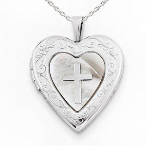 Sterling Silver Mother of Pearl Cross Heart Photo Locket