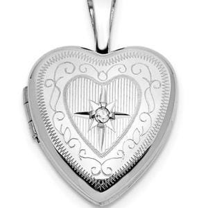 14K White Gold Small Heart Photo Locket with Diamond