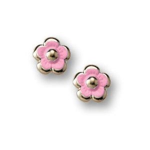 14K Yellow Gold Children's  Pink Enamel  "Flower" Post Earrings