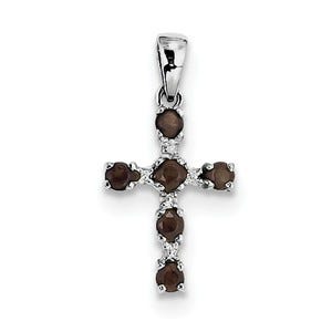 Sterling Silver Rhodium Smoky Quartz & Diamond Cross Pendant