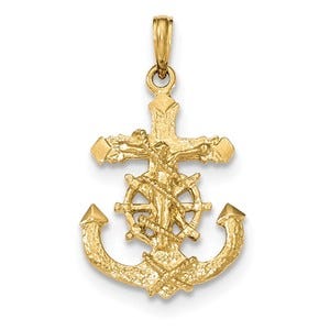 14K Polished & Textured 2-D Mariners Crucifix Rope/Wheel Pendant