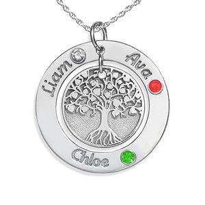 Personalized Round Family Tree Pendant with Three Birthstones & Names- Includes 18 Inch Chain