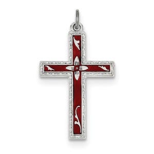 Sterling Silver Rhodium-plated Red Enameled Cross Pendant