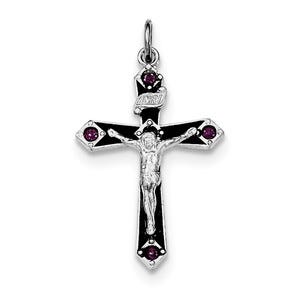 Sterling Silver Rhodium-plated Black Epxy Purple CZ INRI Cross Pendant