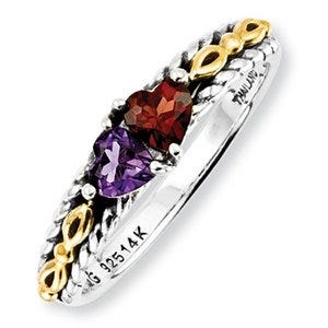 Sterling Silver & 14k Gold Antiqued Mother's Ring w/ Two Heart Stones