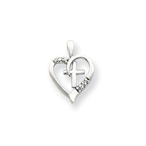 14k White Gold AA Diamond Heart & Cross Pendant