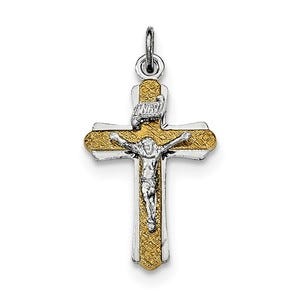 Sterling Silver Rhodium-plated & Gold-tone INRI Crucifix Cross Pendant