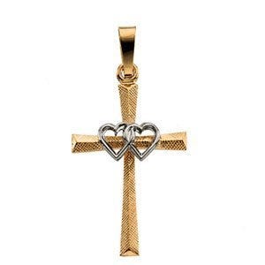 14K TWO TONE GOLD CROSS PENDANT W/DOUBLE HEARTS