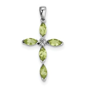 Sterling Silver Rhodium Peridot & Diamond Cross Pendant