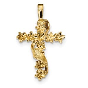 14k Polished and Textured Flower Cross w/Ribbon Pendant