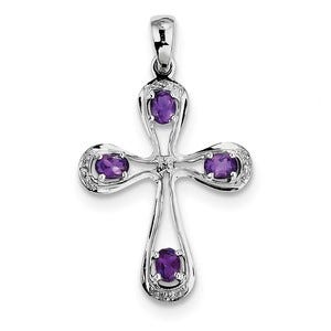 Sterling Silver Rhodium Amethyst & Diamond Cross Pendant