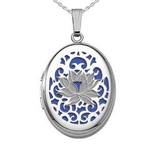 Sterling Silver Blue Lotus Oval Photo Locket