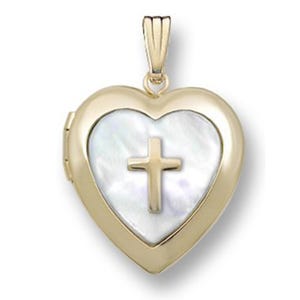 14k Gold Filled Mother of Pearl Cross Heart Photo Locket - 3/4 inch x 3/4 inch