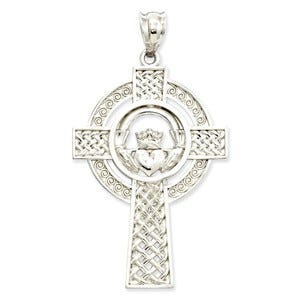 14k White Gold Celtic Claddagh Cross Pendant