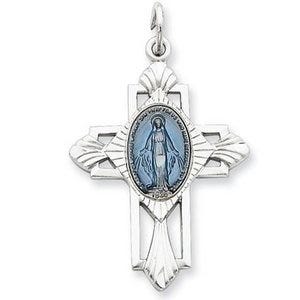 Sterling Silver Miraculous Religious Medal Cross Pendant w/ Epoxy Resin