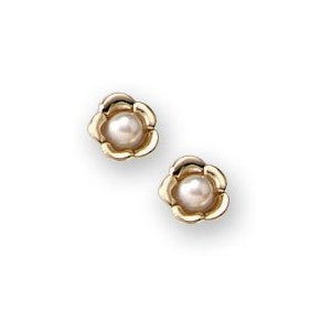 14K Yellow Gold Children's Floral with Cultured Pearl Stud Earrings