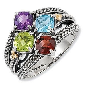 Sterling Silver & 14k Four-stone  Antiqued Mother's Ring