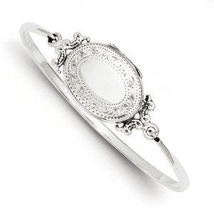 Sterling Silver Decorative Border Bangle Bracelet Oval Photo Locket