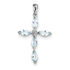 Sterling Silver Rhodium Aqua & Diamond Cross Pendant