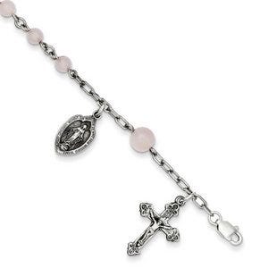 Sterling Silver  Rose quartz Rosary Bracelet /with Miraculous Medal - 6-1/2 Inch Sterling Silver Rosary Bracelet