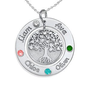 Personalized Round Family Tree Pendant with 4 Birthstones & Names