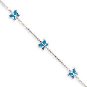14k White Gold Polished Blue Enameled Butterflies Anklet