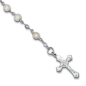 Sterling Silver & Freshwater Cultured Pearl Rosary Crucifix Bracelet - 7 Inch Sterling Silver Rosary Bracelet