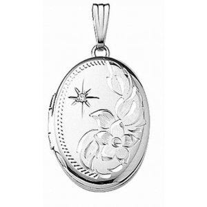 14k White Gold Engraved w/Diamond Oval Locket