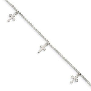 Sterling Silver Cross Charm Anklet w/ 1 Inch ext.