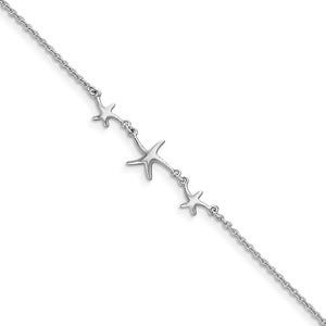 Sterling Silver Polished Starfish Charm Anklet w/ 1 Inch Ext.