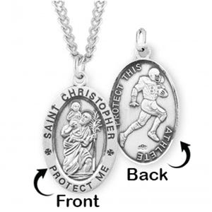 Sterling Silver Saint Christopher Double Sided Football Oval Religious Medal w/ Chain