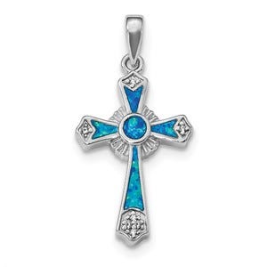 Sterling Silver Rhodium-plated CZ & Created Opal Cross Pendant