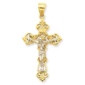 14k Two-tone INRI Fleur De Lis Crucifix Pendant