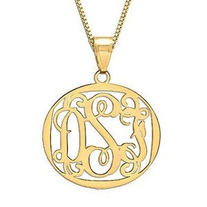 14K Yellow Gold Round Vine Script 3 Letter Monogram Cut-Out Pendant w/ Box Chain