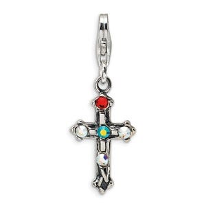 Sterling Silver Crystal Antiqued Cross w/Lob. Clasp Charm