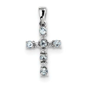 Sterling Silver Rhodium Aqua & Diamond Cross Pendant