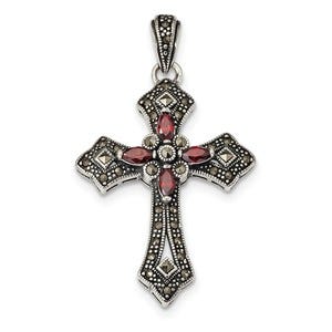 Sterling Silver Red CZ & Marcasite Cross Pendant