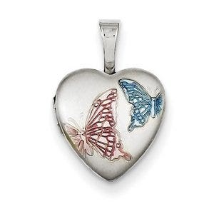Sterling Silver Baby Satin & Color Enameled Butterfly Heart Locket