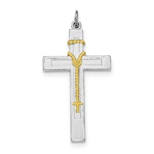 Sterling Silver Rhodium-plated & Gold-tone Rosary on Cross Pendant