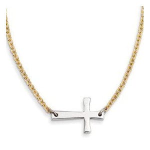 Stainless Steel Yellow Gold Plated Chain Sideways Cross 17" Necklace