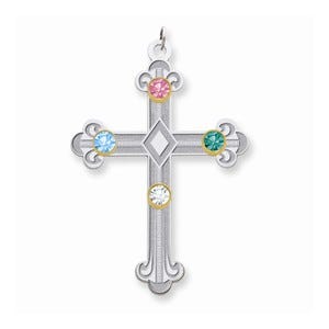 Sterling Silver/14k Bezel Crystal Family Cross Pendant
