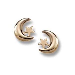 14K Yellow Gold Moon & Star Children Post Earrings