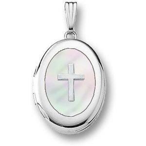 14k White Gold Mother of Pearl Cross Oval Photo Locket