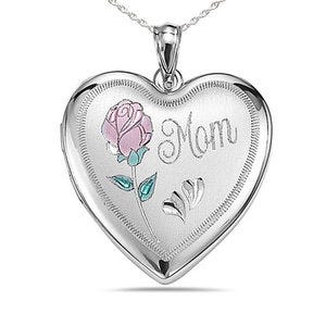 Sterling Silver Mom with Enamel Flower Heart Photo Locket - 1 inch x 1 inch