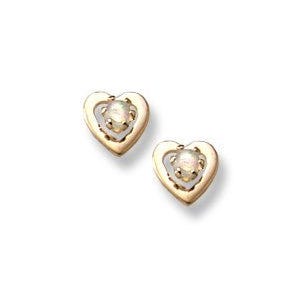 14K Yellow Gold Child's Genuine  "Opal"Heart" Safety Back Earrings