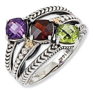 Sterling Silver & 14k Three-stone  Antiqued Mother's Ring